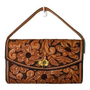 Vintage Hand Tooled Leather Hand Bag Floral Leaf Pattern